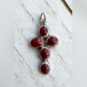 Vintage 925 Sterling Silver Red Stone Cross Pendant Cabochon Inlay